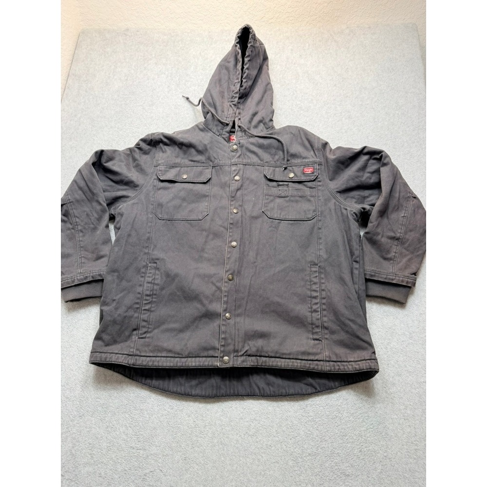 Wrangler Workwear Mens 2XL Gray Canvas Hooded Jacket Sherpa Lined Work Coat 3690